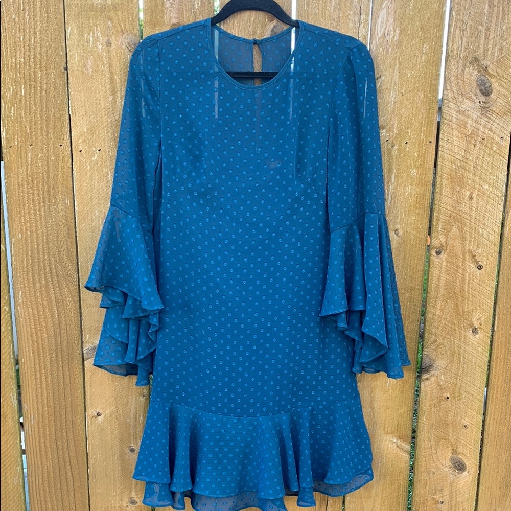 Vince Camuto Teal Flare Sleeve Dress. Swiss dot. sheer fabric lined ruffle hem